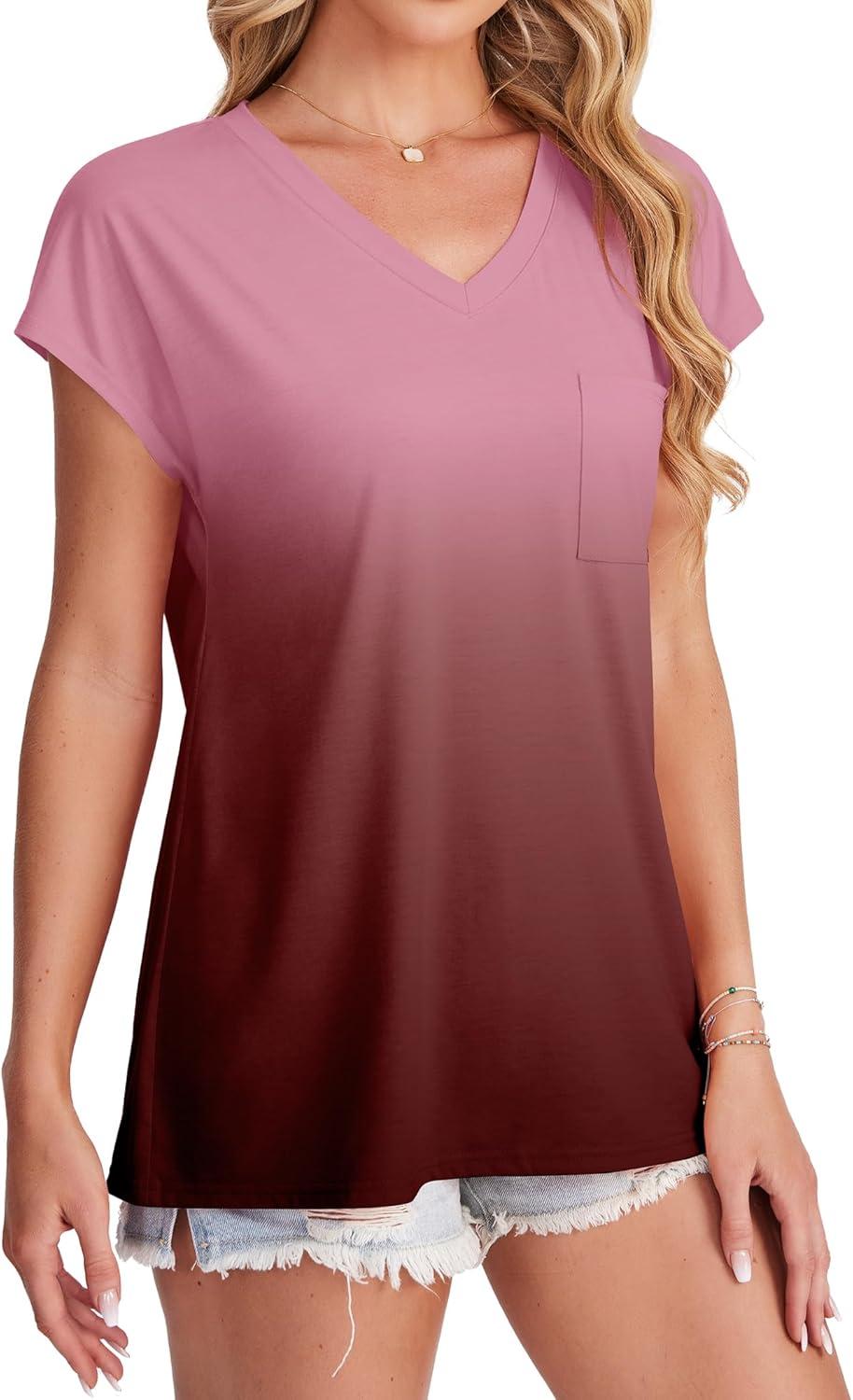 imageSAMPEEL Womens T Shirts V Neck Cap Short Sleeve Summer Tops Trendy 2025 Loose Casual Tshirts with PocketOmbre Burgundy