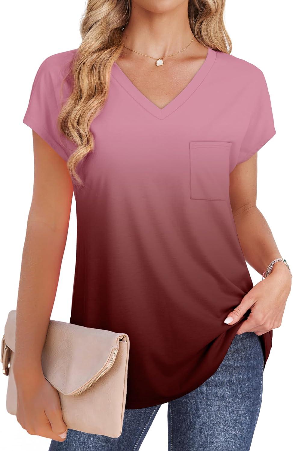 imageSAMPEEL Womens T Shirts V Neck Cap Short Sleeve Summer Tops Trendy 2025 Loose Casual Tshirts with PocketOmbre Burgundy