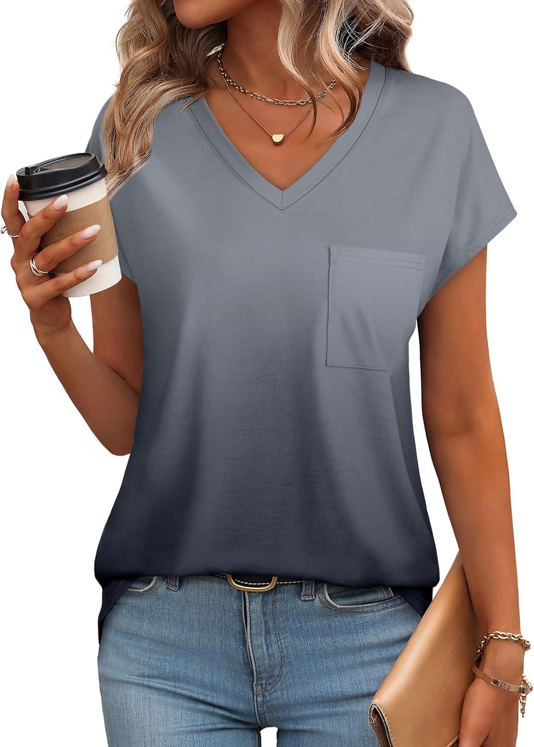 imageSAMPEEL Womens T Shirts V Neck Cap Short Sleeve Summer Tops Trendy 2025 Loose Casual Tshirts with PocketOmbre Grey