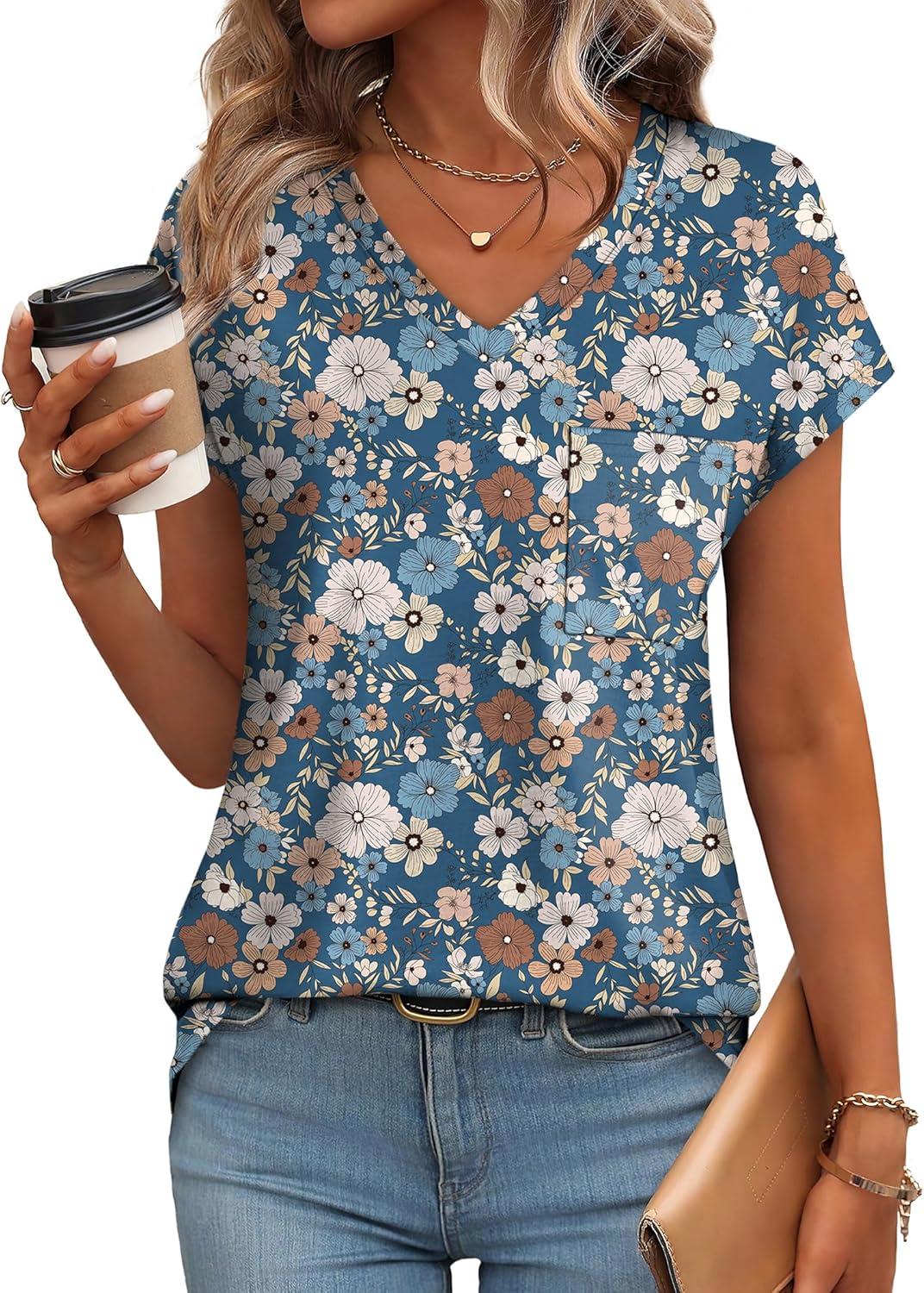 imageSAMPEEL Womens T Shirts V Neck Cap Short Sleeve Summer Tops Trendy 2025 Loose Casual Tshirts with PocketPattern Floral Blue