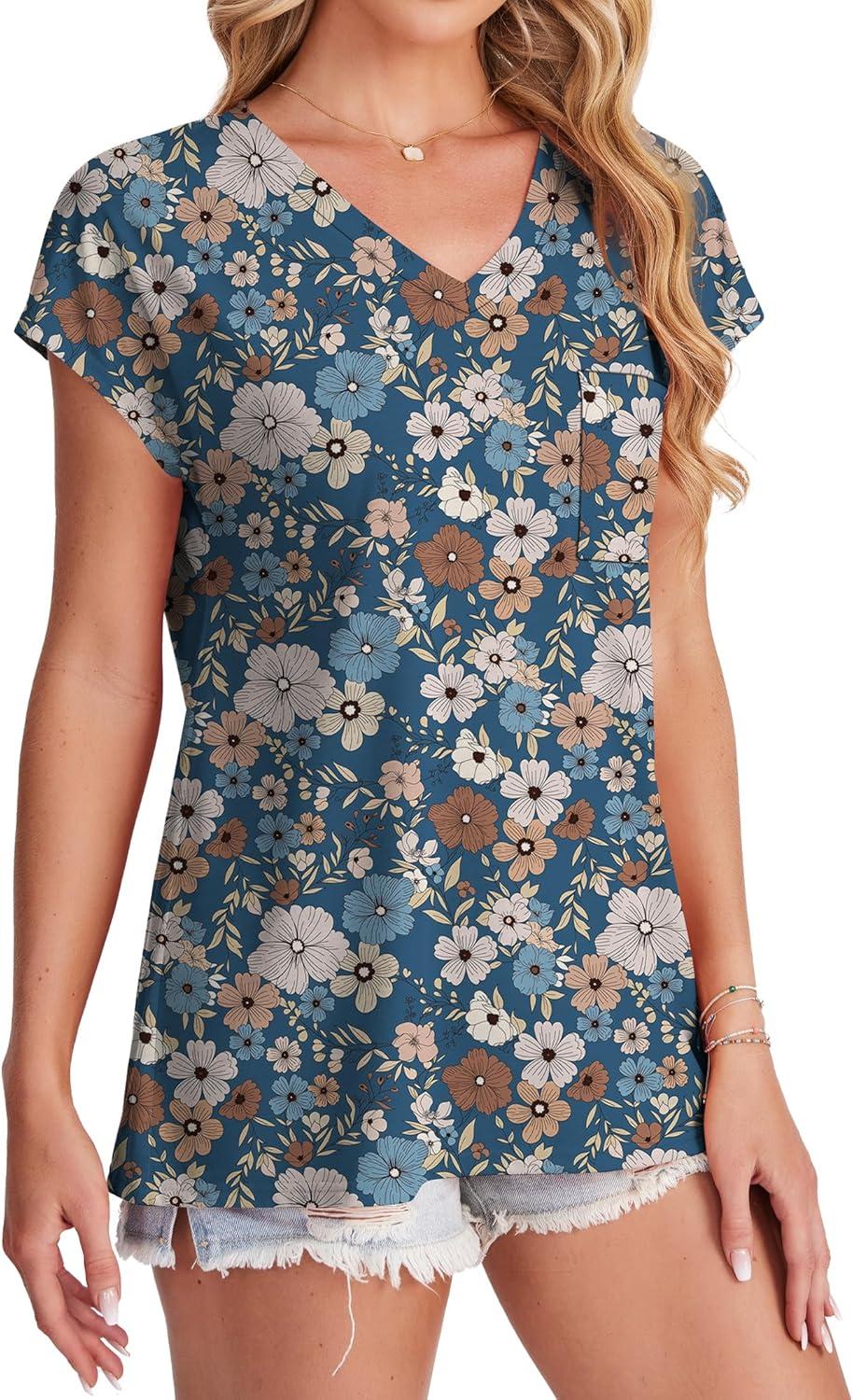 imageSAMPEEL Womens T Shirts V Neck Cap Short Sleeve Summer Tops Trendy 2025 Loose Casual Tshirts with PocketPattern Floral Blue