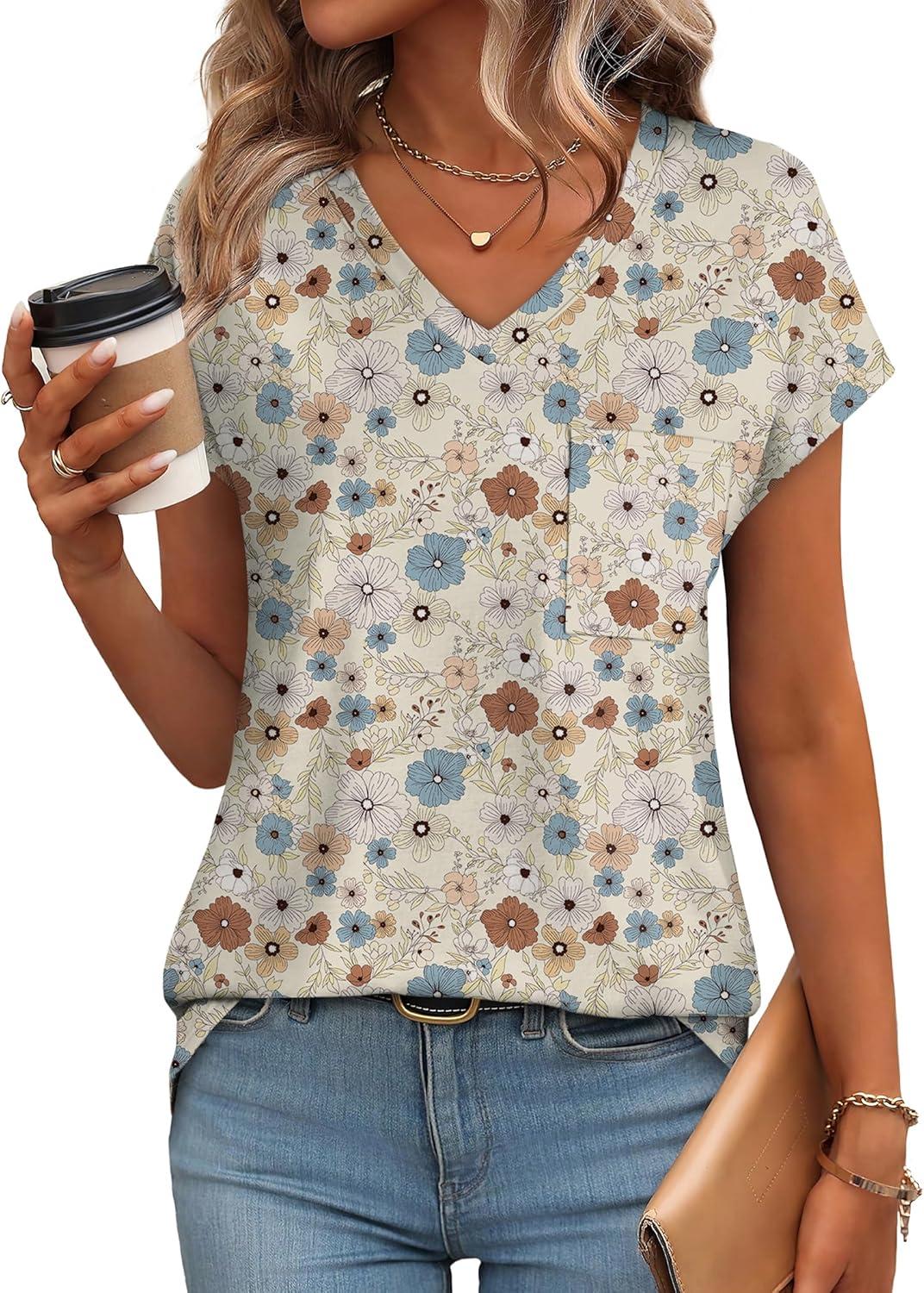 imageSAMPEEL Womens T Shirts V Neck Cap Short Sleeve Summer Tops Trendy 2025 Loose Casual Tshirts with PocketPattern Floral Khaki