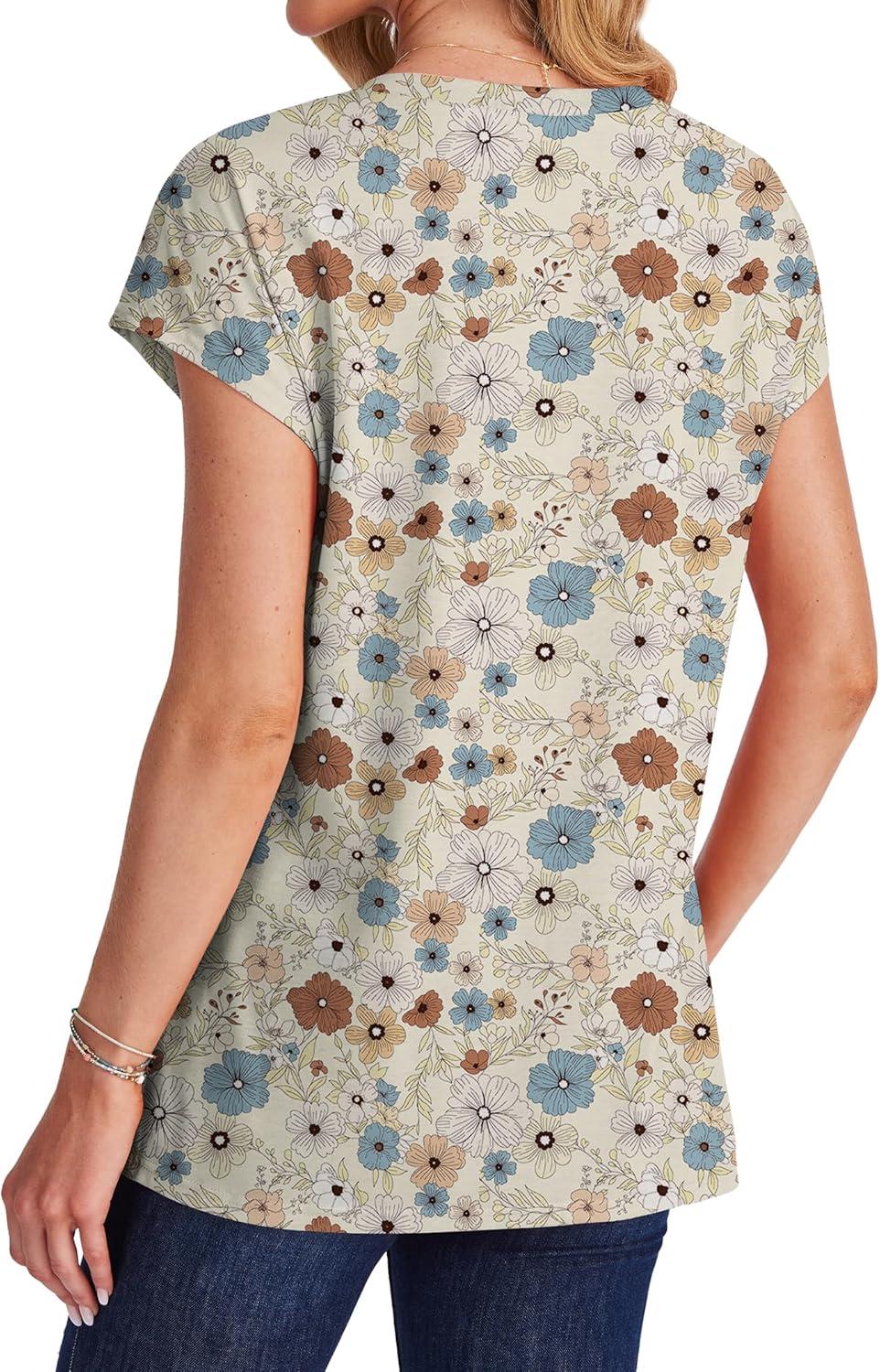 imageSAMPEEL Womens T Shirts V Neck Cap Short Sleeve Summer Tops Trendy 2025 Loose Casual Tshirts with PocketPattern Floral Khaki