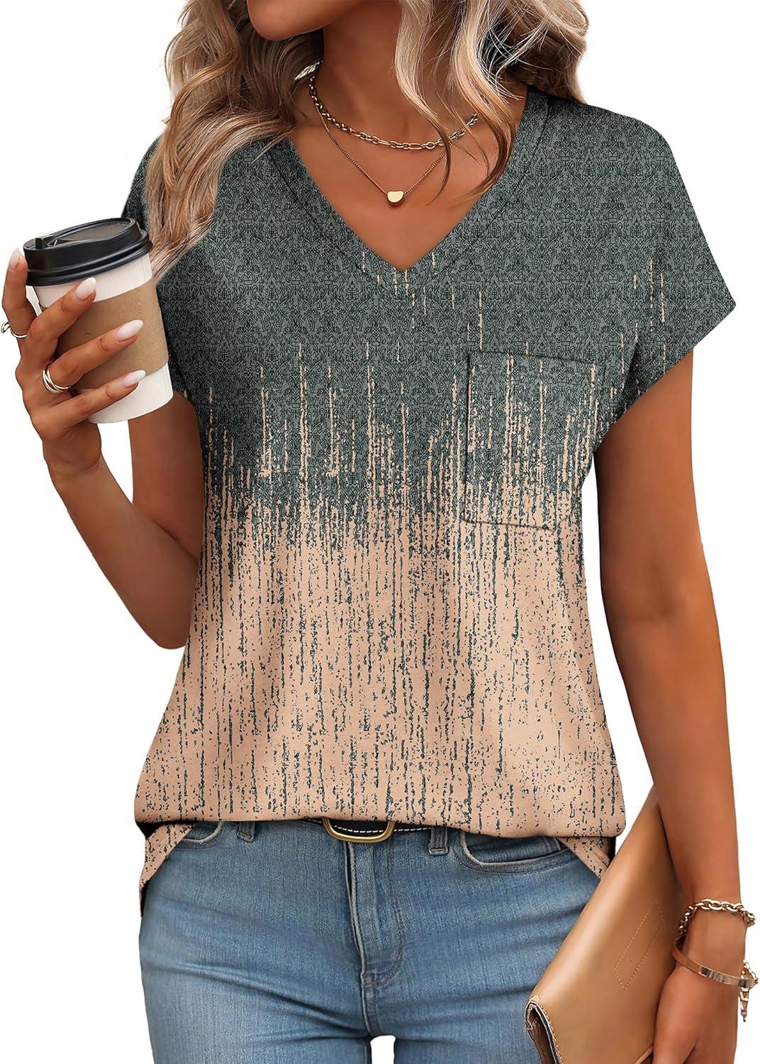 imageSAMPEEL Womens T Shirts V Neck Cap Short Sleeve Summer Tops Trendy 2025 Loose Casual Tshirts with PocketPattern Tie Dye