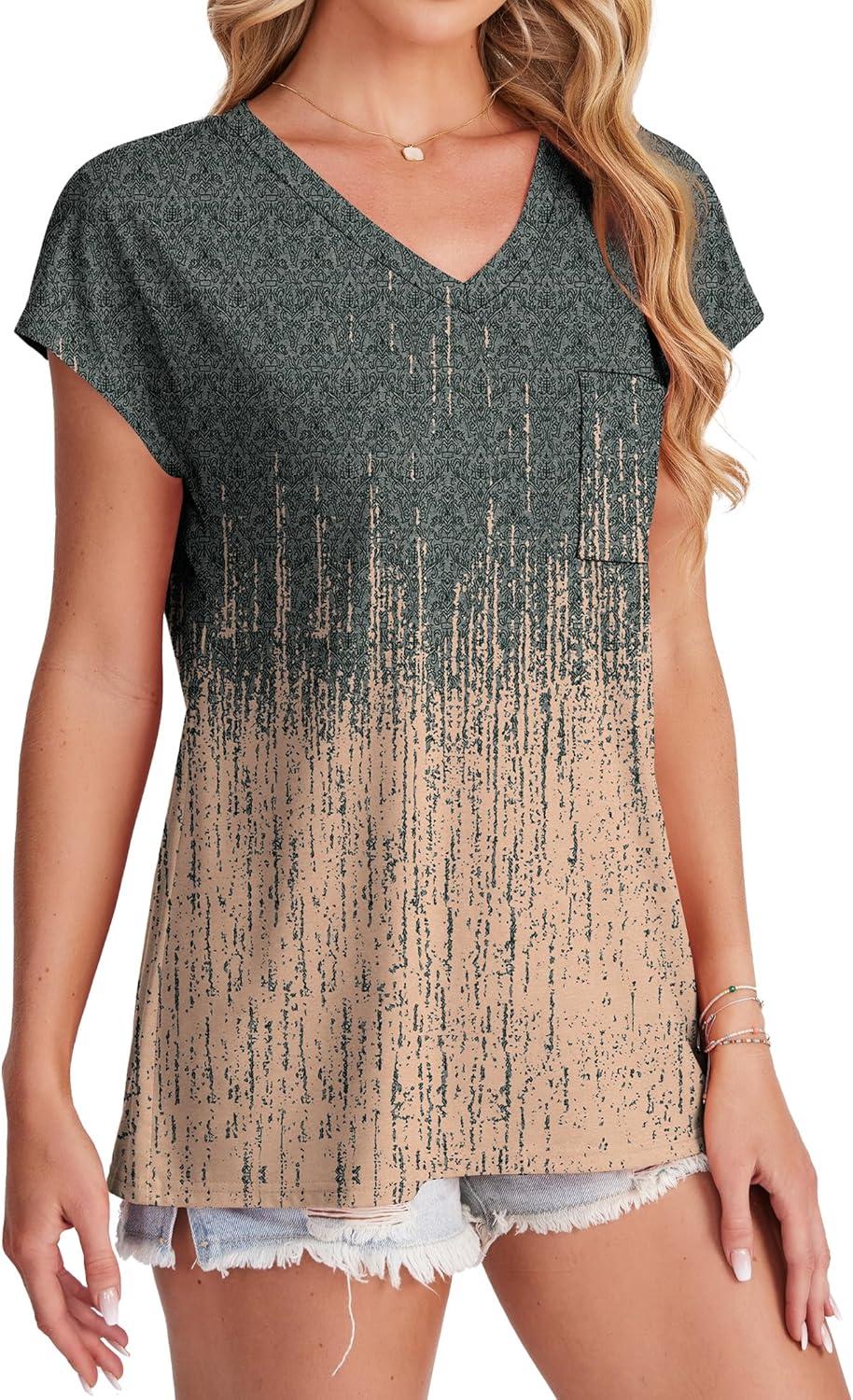 imageSAMPEEL Womens T Shirts V Neck Cap Short Sleeve Summer Tops Trendy 2025 Loose Casual Tshirts with PocketPattern Tie Dye
