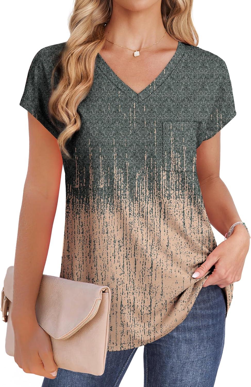 imageSAMPEEL Womens T Shirts V Neck Cap Short Sleeve Summer Tops Trendy 2025 Loose Casual Tshirts with PocketPattern Tie Dye