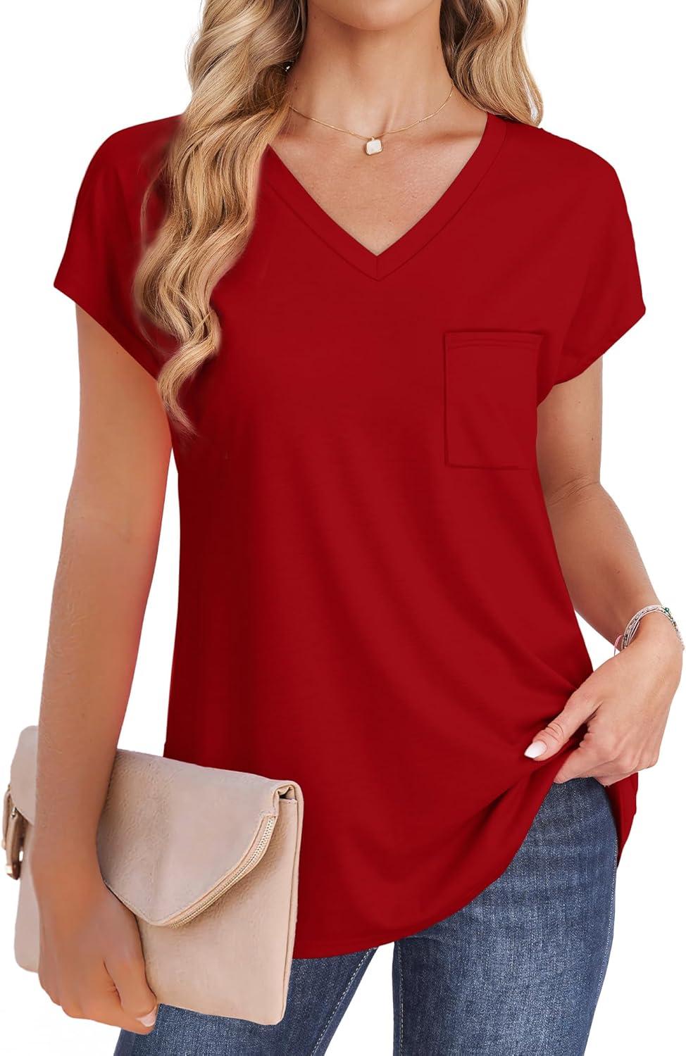 imageSAMPEEL Womens T Shirts V Neck Cap Short Sleeve Summer Tops Trendy 2025 Loose Casual Tshirts with PocketRed