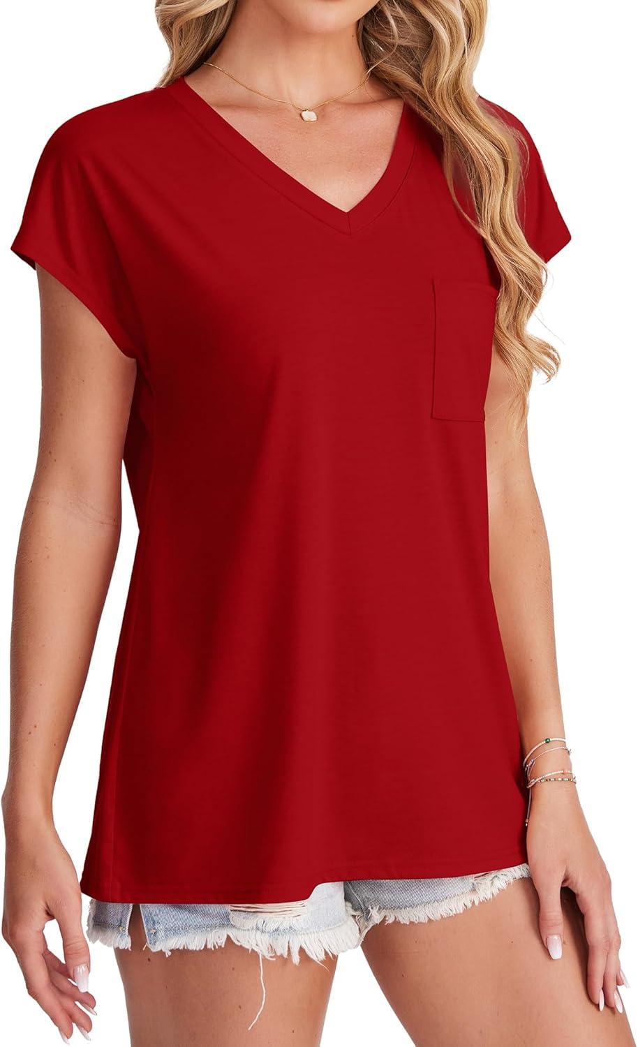 imageSAMPEEL Womens T Shirts V Neck Cap Short Sleeve Summer Tops Trendy 2025 Loose Casual Tshirts with PocketRed