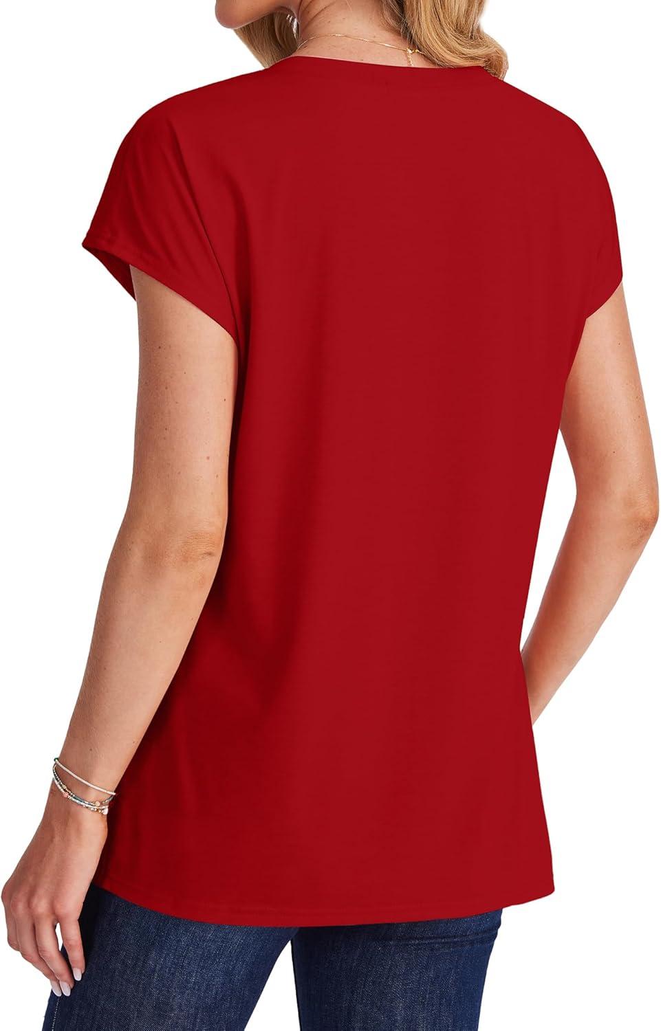 imageSAMPEEL Womens T Shirts V Neck Cap Short Sleeve Summer Tops Trendy 2025 Loose Casual Tshirts with PocketRed