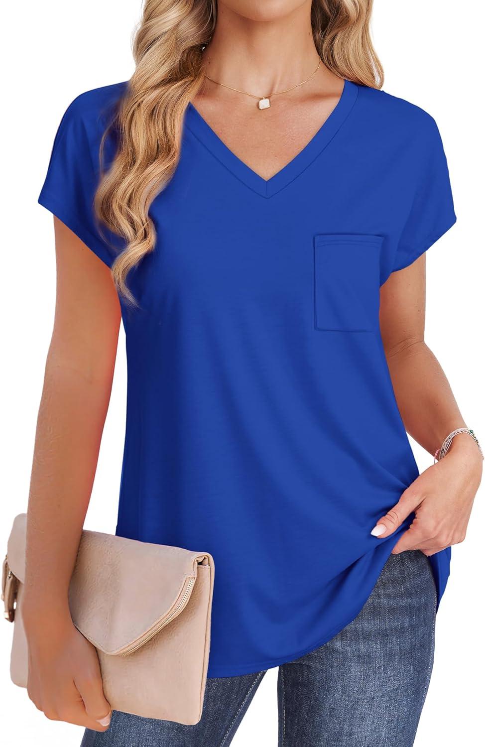 imageSAMPEEL Womens T Shirts V Neck Cap Short Sleeve Summer Tops Trendy 2025 Loose Casual Tshirts with PocketRoyal Blue