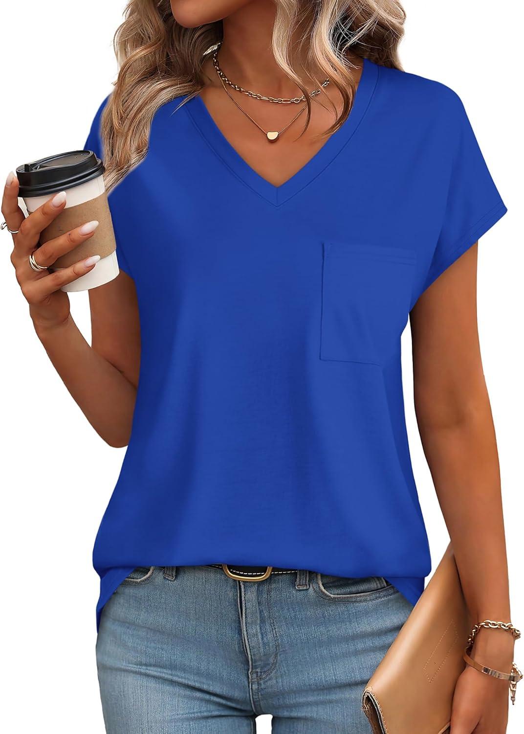 imageSAMPEEL Womens T Shirts V Neck Cap Short Sleeve Summer Tops Trendy 2025 Loose Casual Tshirts with PocketRoyal Blue