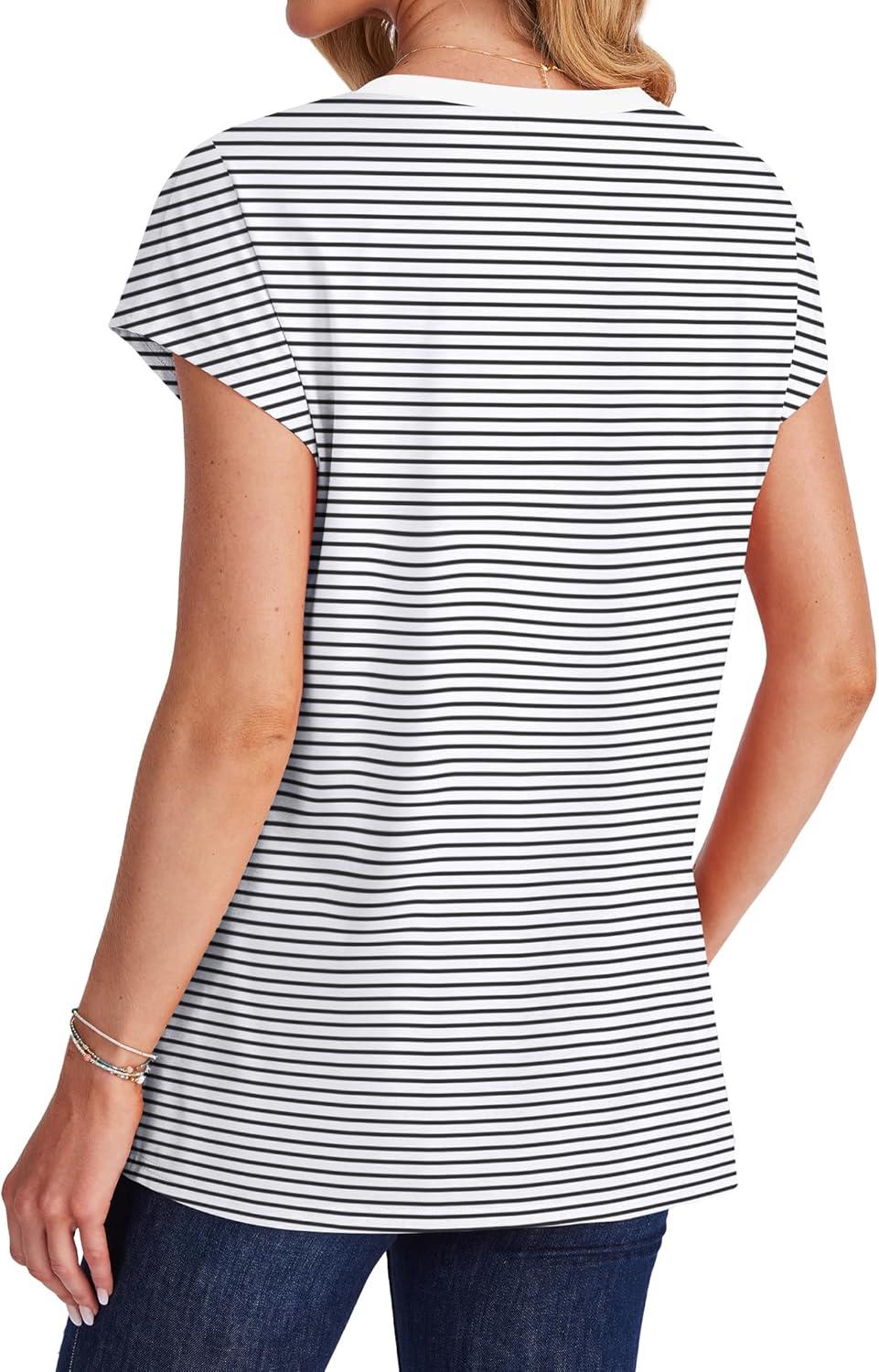 imageSAMPEEL Womens T Shirts V Neck Cap Short Sleeve Summer Tops Trendy 2025 Loose Casual Tshirts with PocketStriped Black White