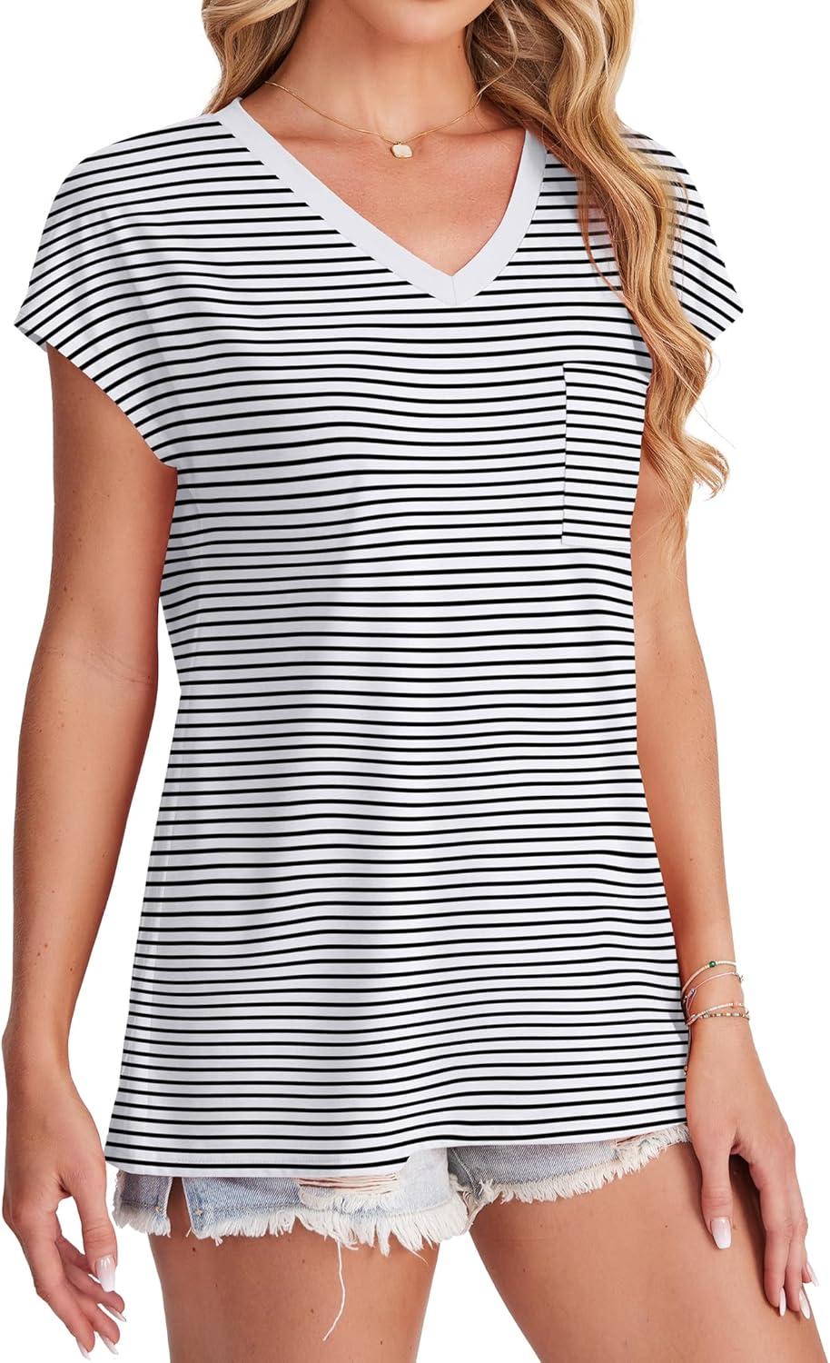 imageSAMPEEL Womens T Shirts V Neck Cap Short Sleeve Summer Tops Trendy 2025 Loose Casual Tshirts with PocketStriped Black White
