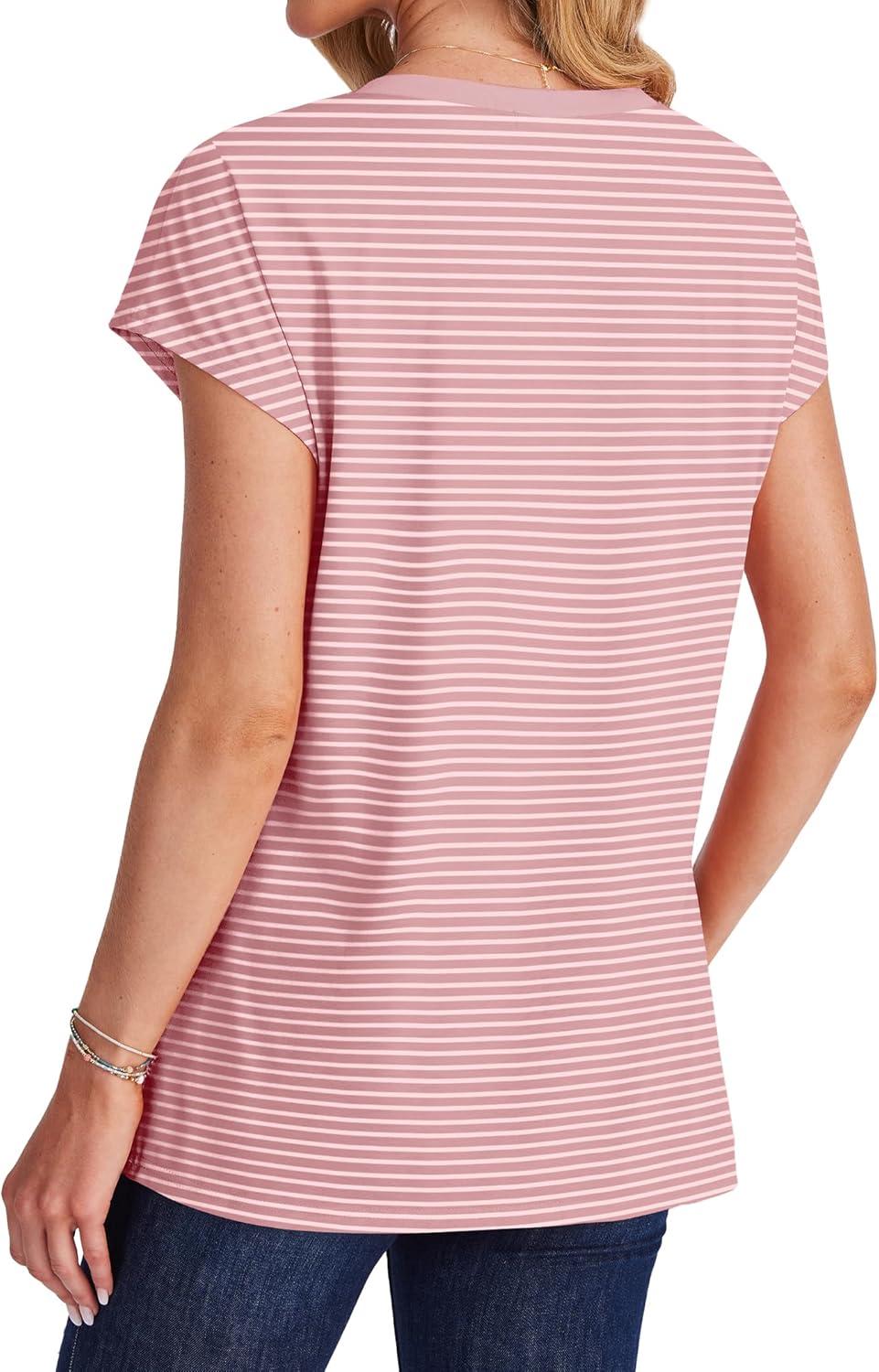 imageSAMPEEL Womens T Shirts V Neck Cap Short Sleeve Summer Tops Trendy 2025 Loose Casual Tshirts with PocketStriped Pink