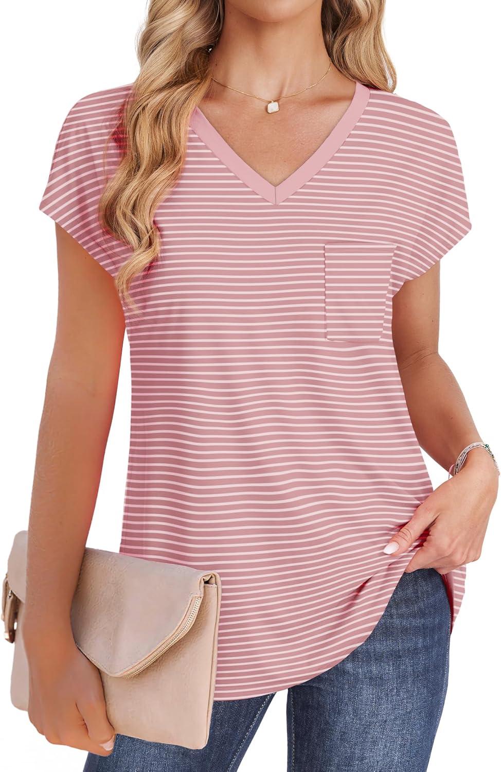 imageSAMPEEL Womens T Shirts V Neck Cap Short Sleeve Summer Tops Trendy 2025 Loose Casual Tshirts with PocketStriped Pink