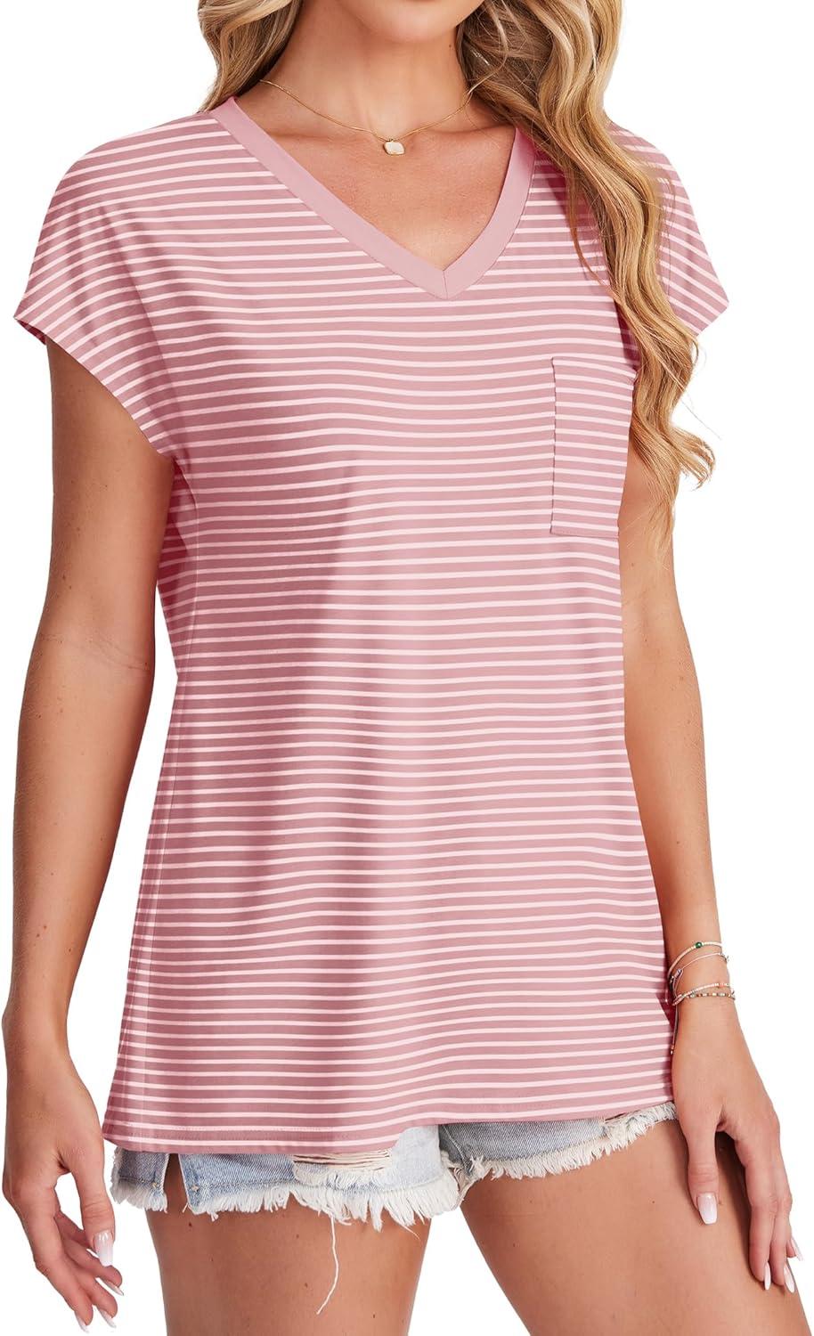 imageSAMPEEL Womens T Shirts V Neck Cap Short Sleeve Summer Tops Trendy 2025 Loose Casual Tshirts with PocketStriped Pink