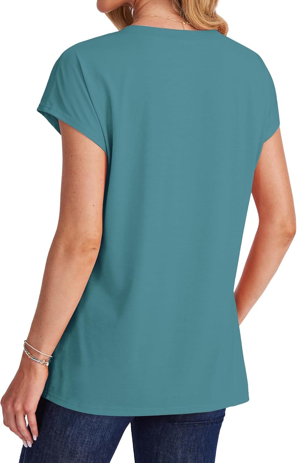 imageSAMPEEL Womens T Shirts V Neck Cap Short Sleeve Summer Tops Trendy 2025 Loose Casual Tshirts with PocketTurquoise