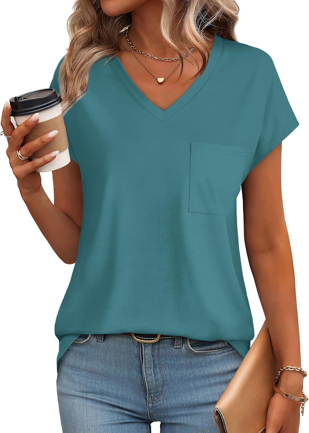 imageSAMPEEL Womens T Shirts V Neck Cap Short Sleeve Summer Tops Trendy 2025 Loose Casual Tshirts with PocketTurquoise