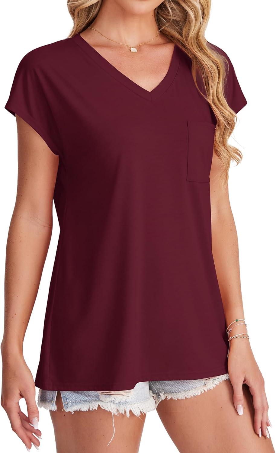 imageSAMPEEL Womens T Shirts V Neck Cap Short Sleeve Summer Tops Trendy 2025 Loose Casual Tshirts with PocketWine Red