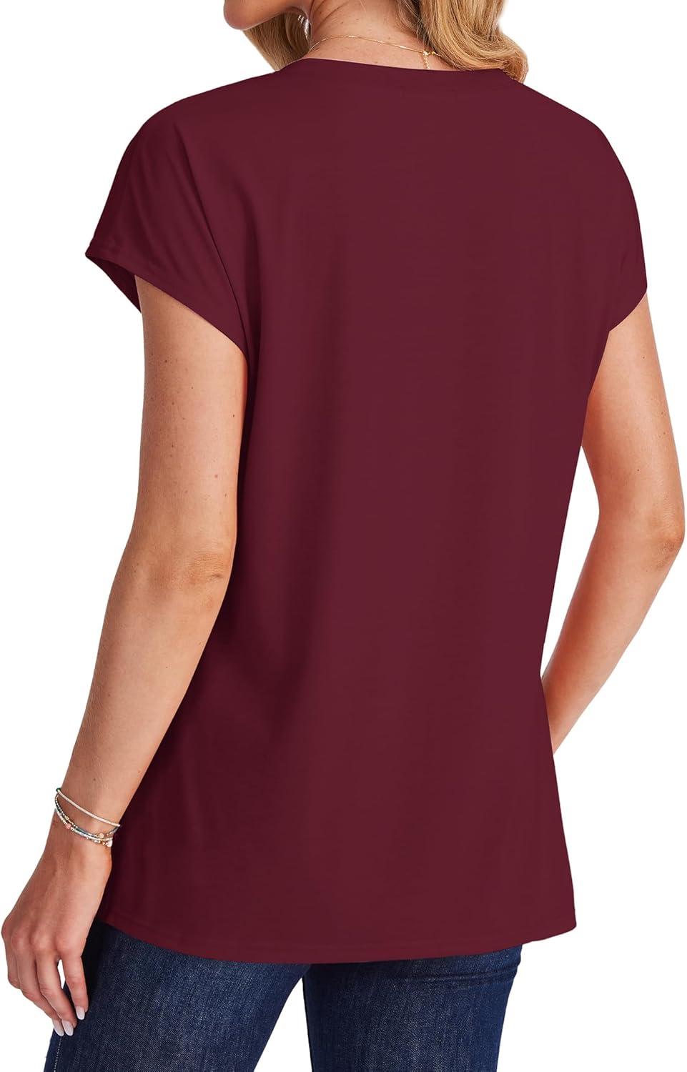 imageSAMPEEL Womens T Shirts V Neck Cap Short Sleeve Summer Tops Trendy 2025 Loose Casual Tshirts with PocketWine Red