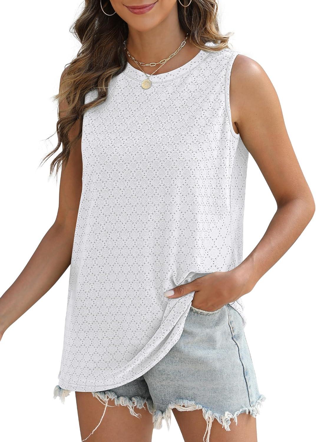 imageSAMPEEL Womens Tank Tops Eyelet Loose Casual Summer Tops Crew Neck Basic Sleeveless Shirts Trendy 2025Allwhite