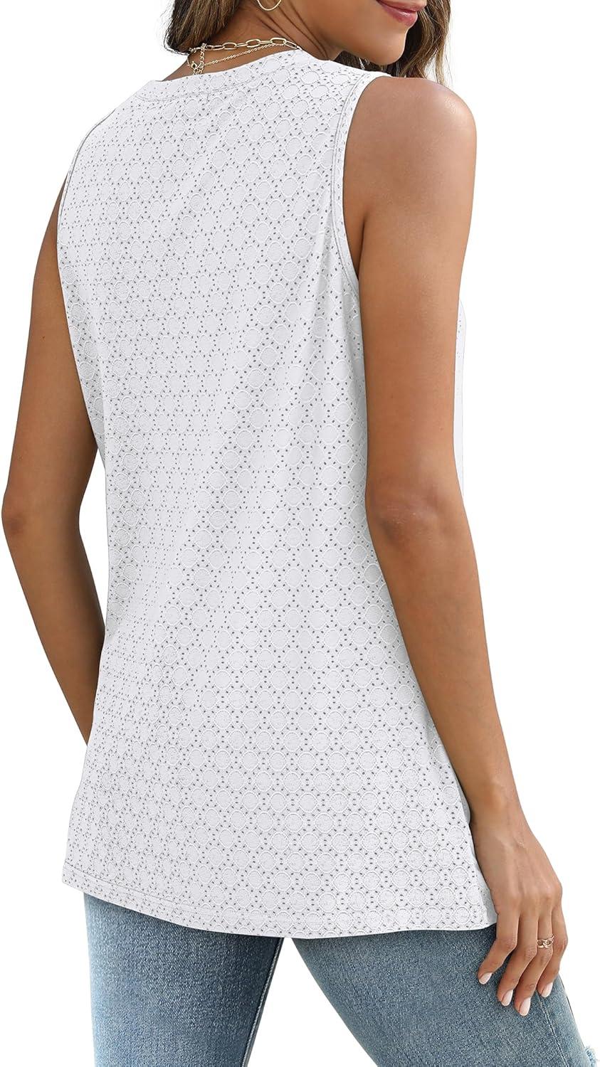 imageSAMPEEL Womens Tank Tops Eyelet Loose Casual Summer Tops Crew Neck Basic Sleeveless Shirts Trendy 2025Allwhite