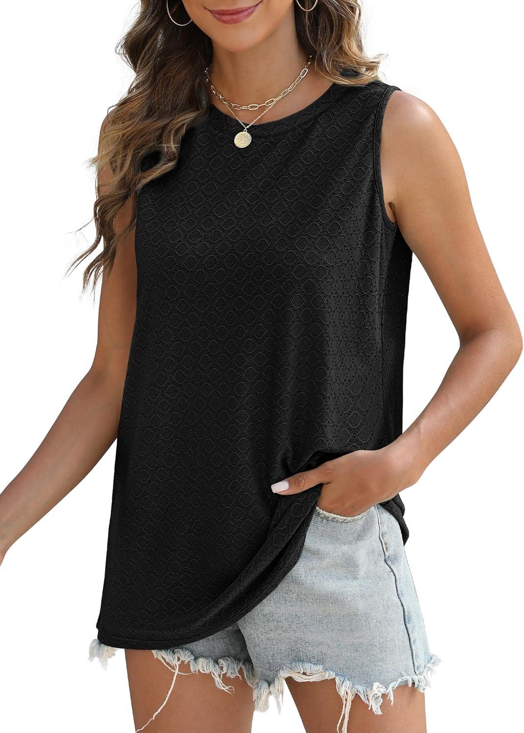 imageSAMPEEL Womens Tank Tops Eyelet Loose Casual Summer Tops Crew Neck Basic Sleeveless Shirts Trendy 2025Black