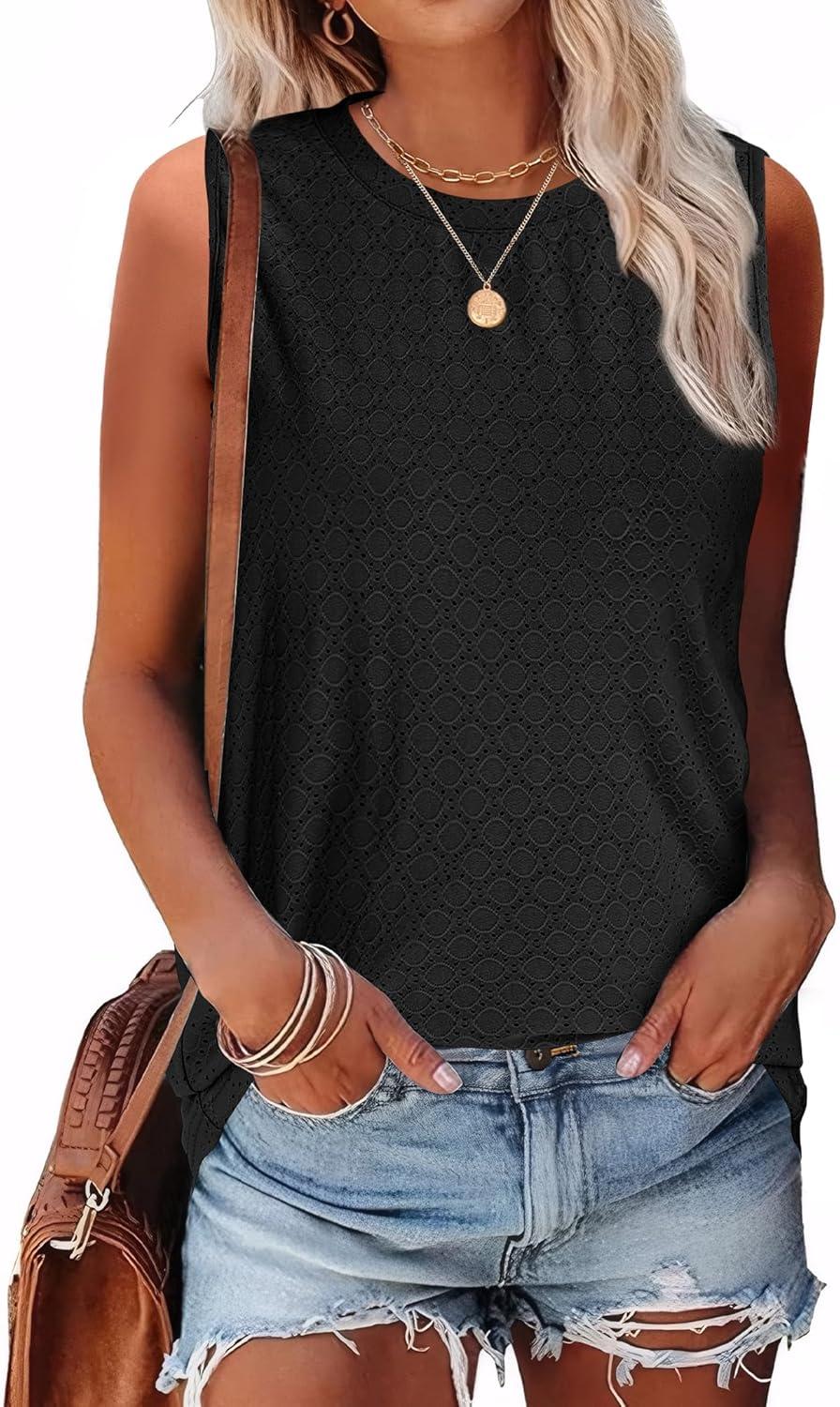 imageSAMPEEL Womens Tank Tops Eyelet Loose Casual Summer Tops Crew Neck Basic Sleeveless Shirts Trendy 2025Black
