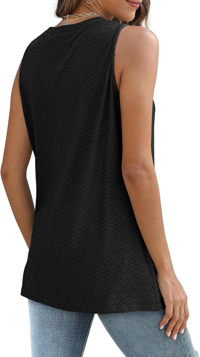 imageSAMPEEL Womens Tank Tops Eyelet Loose Casual Summer Tops Crew Neck Basic Sleeveless Shirts Trendy 2025Black