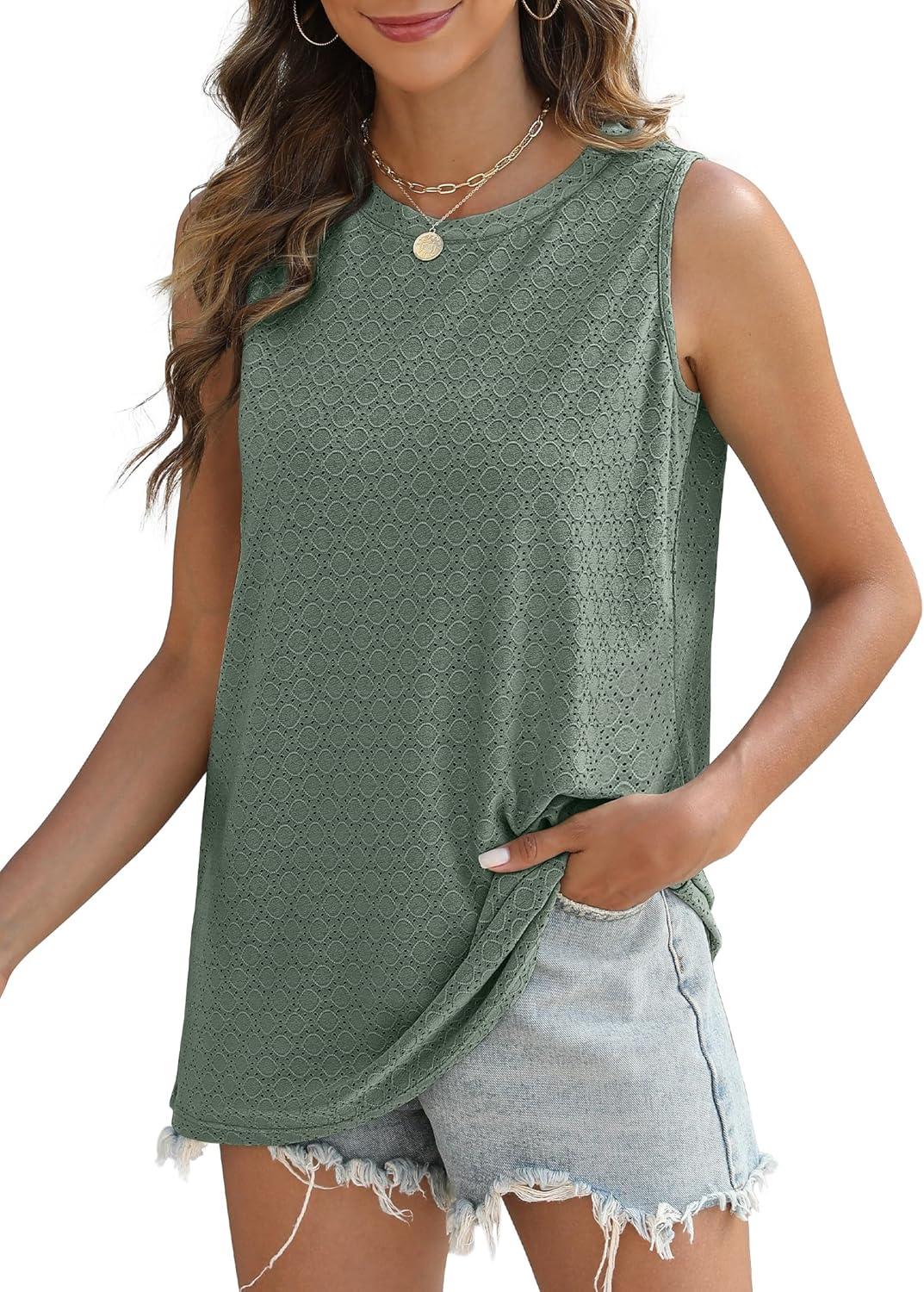 imageSAMPEEL Womens Tank Tops Eyelet Loose Casual Summer Tops Crew Neck Basic Sleeveless Shirts Trendy 2025Classic Green