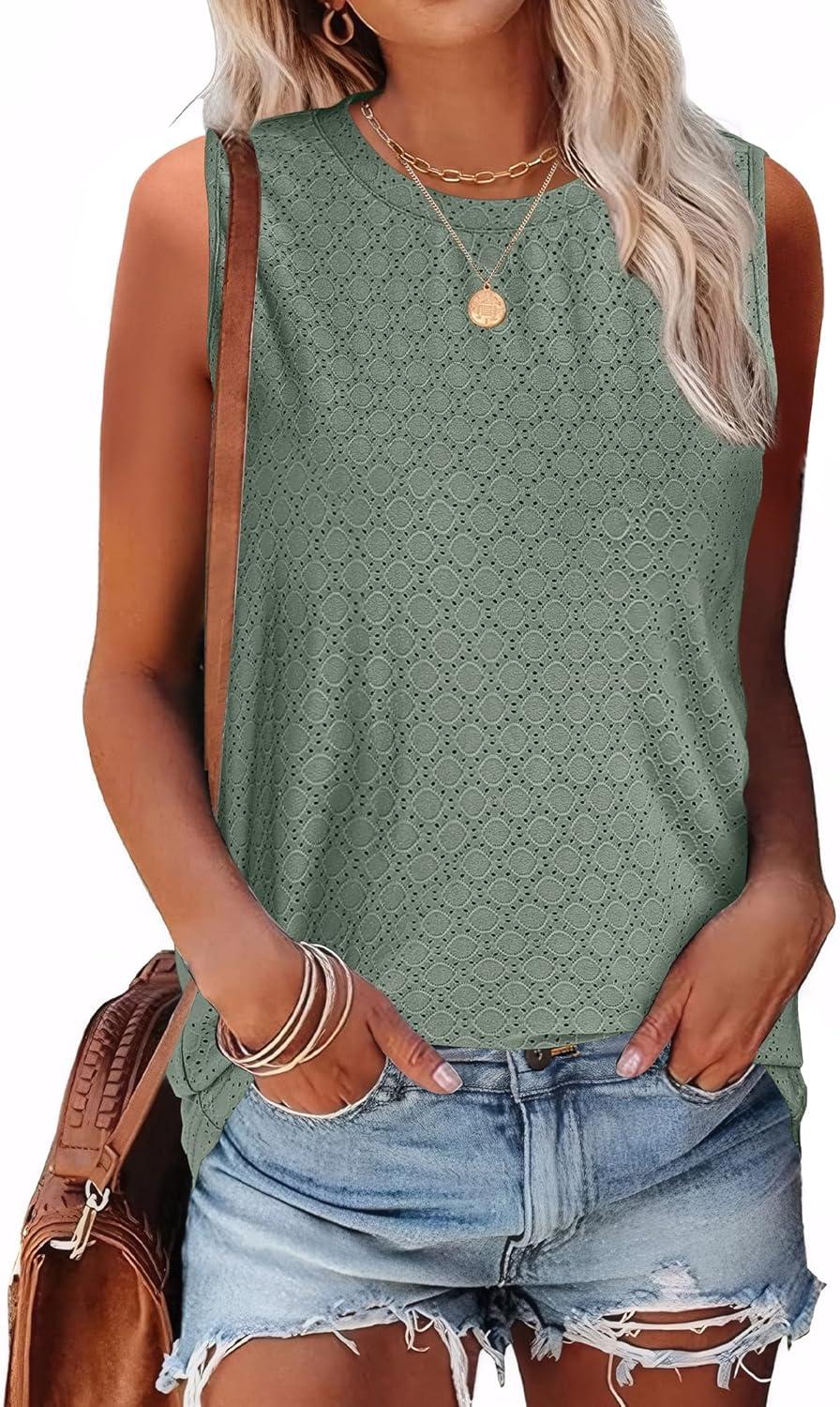 imageSAMPEEL Womens Tank Tops Eyelet Loose Casual Summer Tops Crew Neck Basic Sleeveless Shirts Trendy 2025Classic Green