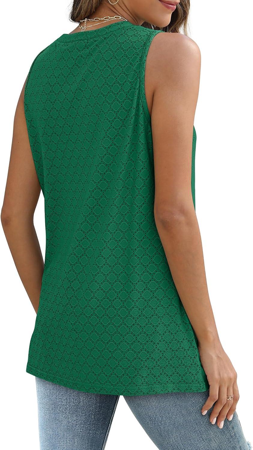 imageSAMPEEL Womens Tank Tops Eyelet Loose Casual Summer Tops Crew Neck Basic Sleeveless Shirts Trendy 2025Green