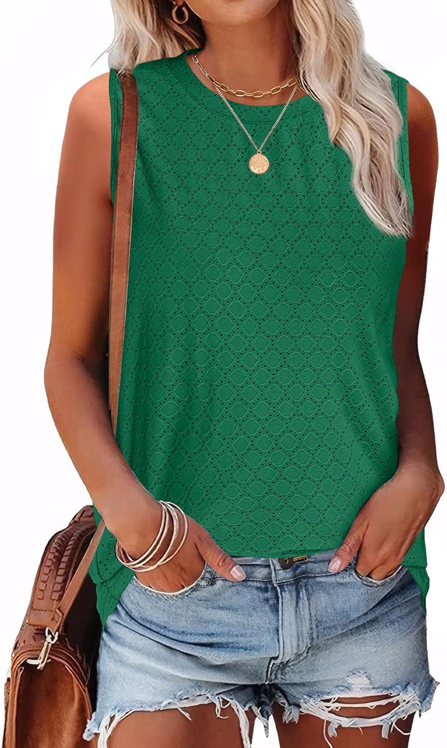 imageSAMPEEL Womens Tank Tops Eyelet Loose Casual Summer Tops Crew Neck Basic Sleeveless Shirts Trendy 2025Green