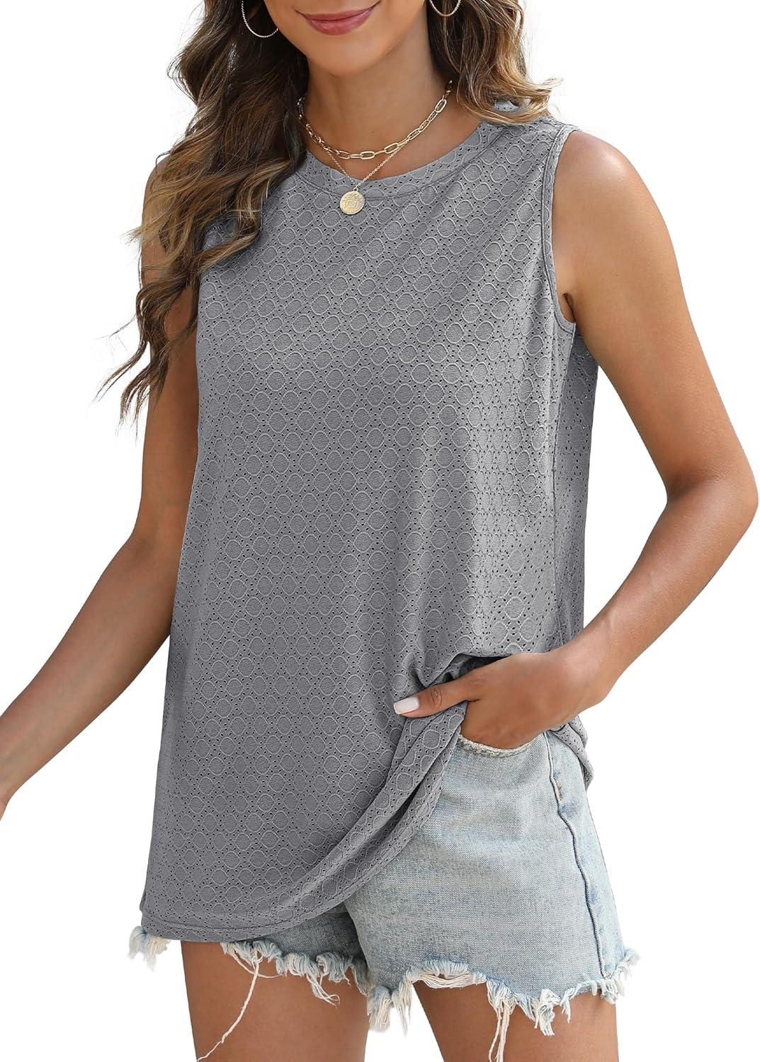 imageSAMPEEL Womens Tank Tops Eyelet Loose Casual Summer Tops Crew Neck Basic Sleeveless Shirts Trendy 2025Grey