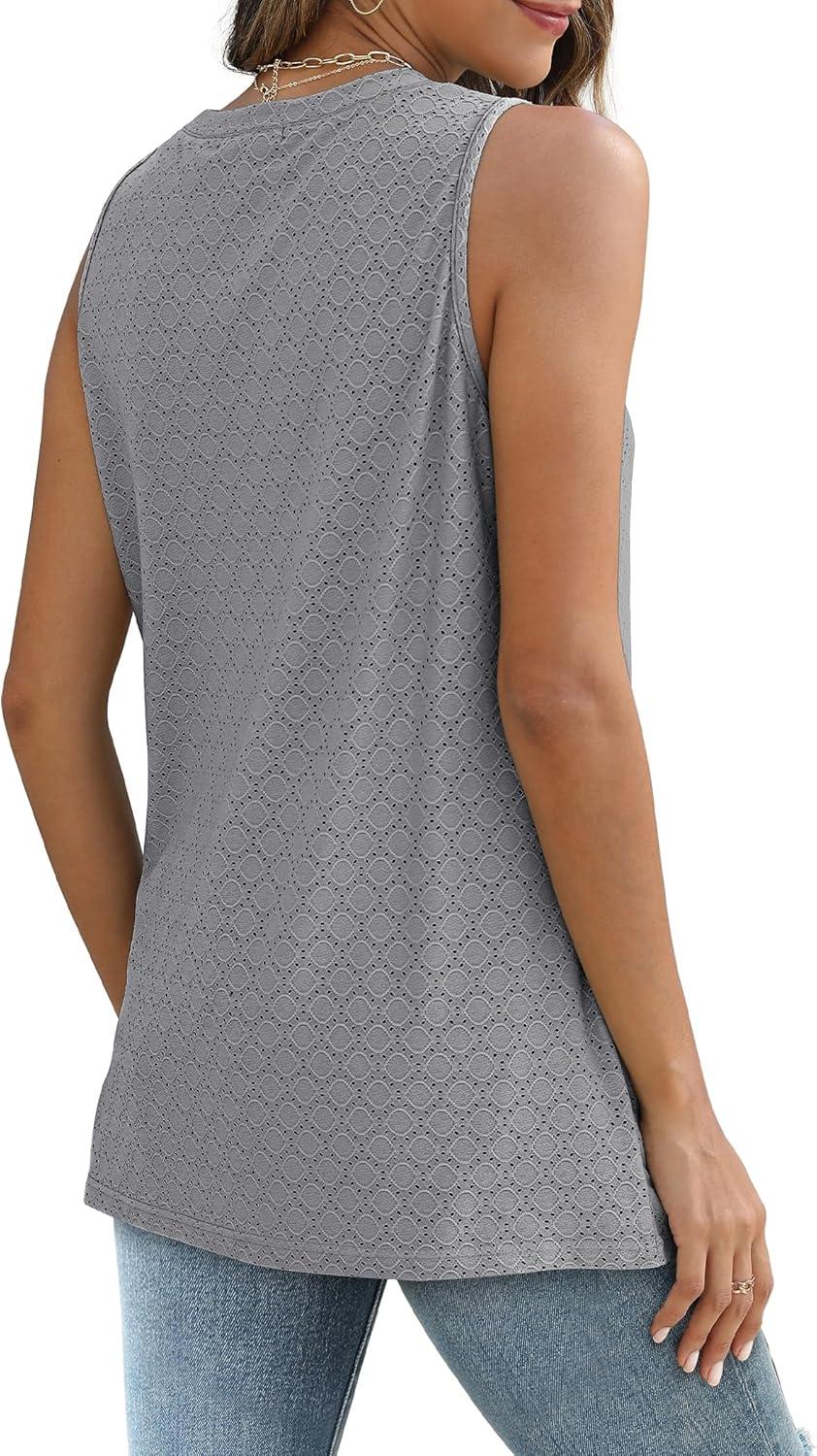 imageSAMPEEL Womens Tank Tops Eyelet Loose Casual Summer Tops Crew Neck Basic Sleeveless Shirts Trendy 2025Grey