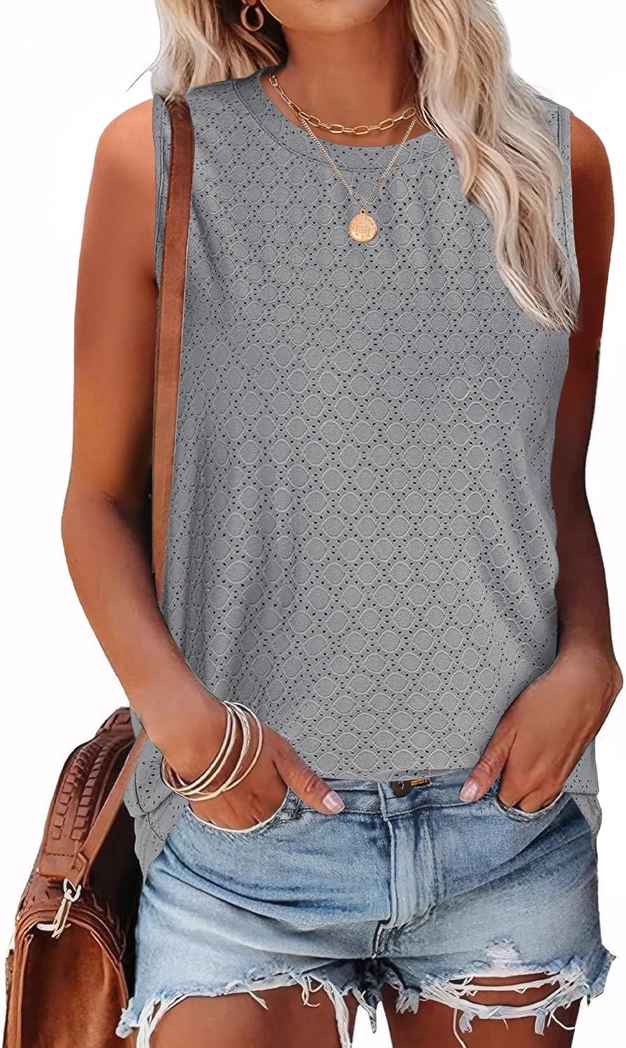 imageSAMPEEL Womens Tank Tops Eyelet Loose Casual Summer Tops Crew Neck Basic Sleeveless Shirts Trendy 2025Grey