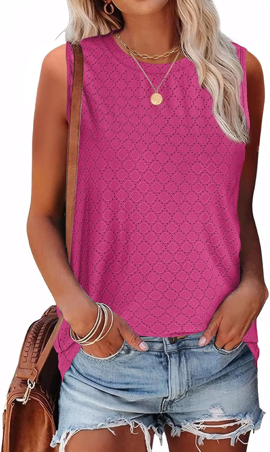 imageSAMPEEL Womens Tank Tops Eyelet Loose Casual Summer Tops Crew Neck Basic Sleeveless Shirts Trendy 2025Hot Pink