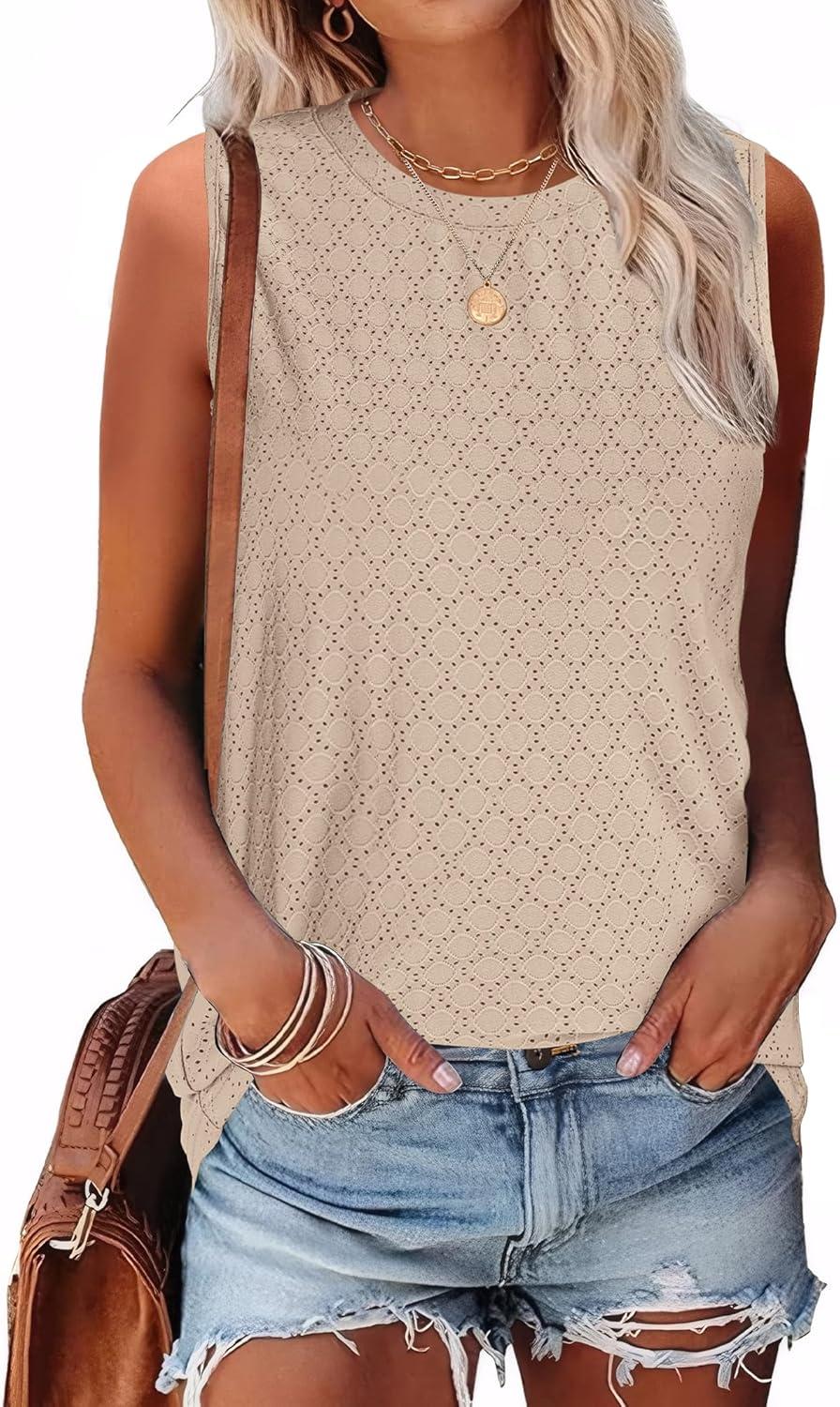 imageSAMPEEL Womens Tank Tops Eyelet Loose Casual Summer Tops Crew Neck Basic Sleeveless Shirts Trendy 2025Khaki