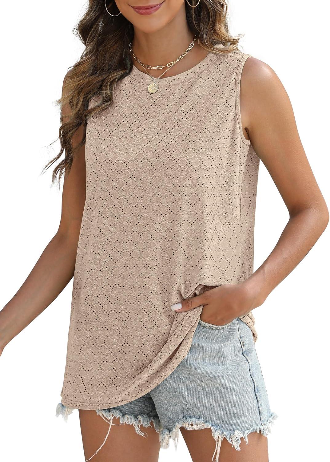 imageSAMPEEL Womens Tank Tops Eyelet Loose Casual Summer Tops Crew Neck Basic Sleeveless Shirts Trendy 2025Khaki