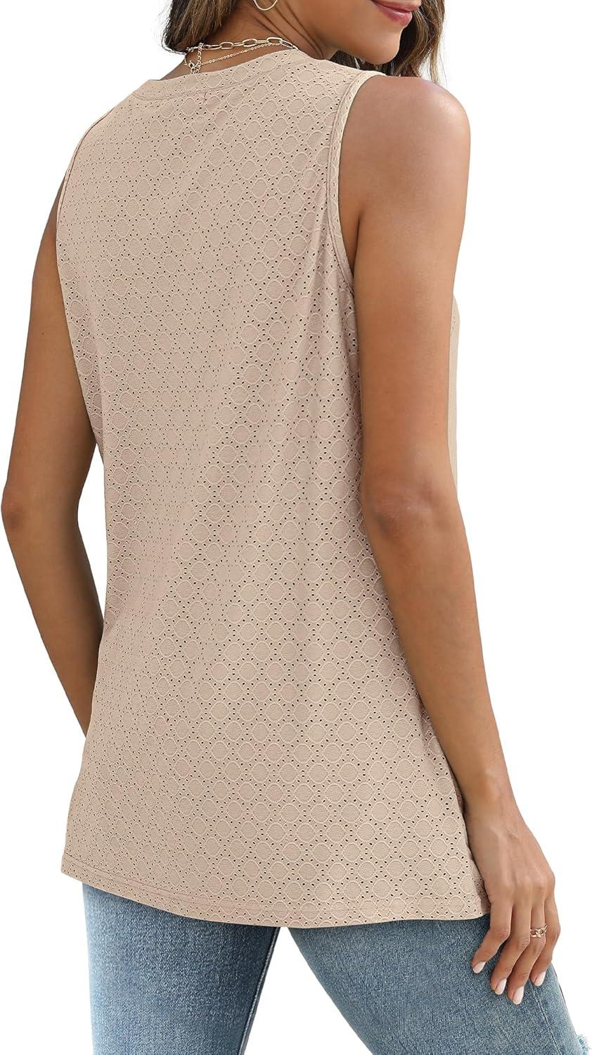 imageSAMPEEL Womens Tank Tops Eyelet Loose Casual Summer Tops Crew Neck Basic Sleeveless Shirts Trendy 2025Khaki