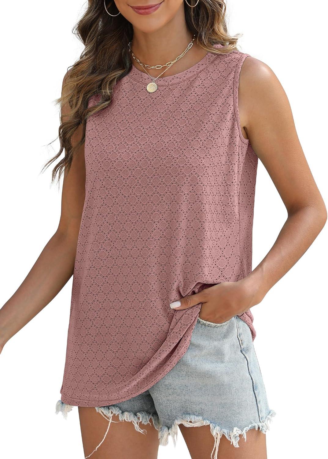 imageSAMPEEL Womens Tank Tops Eyelet Loose Casual Summer Tops Crew Neck Basic Sleeveless Shirts Trendy 2025Mauve Pink