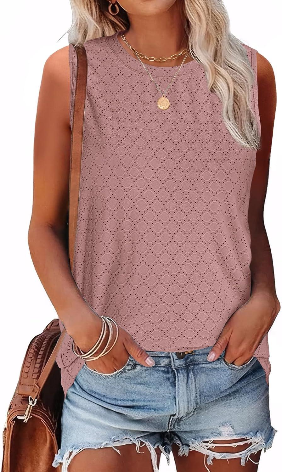 imageSAMPEEL Womens Tank Tops Eyelet Loose Casual Summer Tops Crew Neck Basic Sleeveless Shirts Trendy 2025Mauve Pink