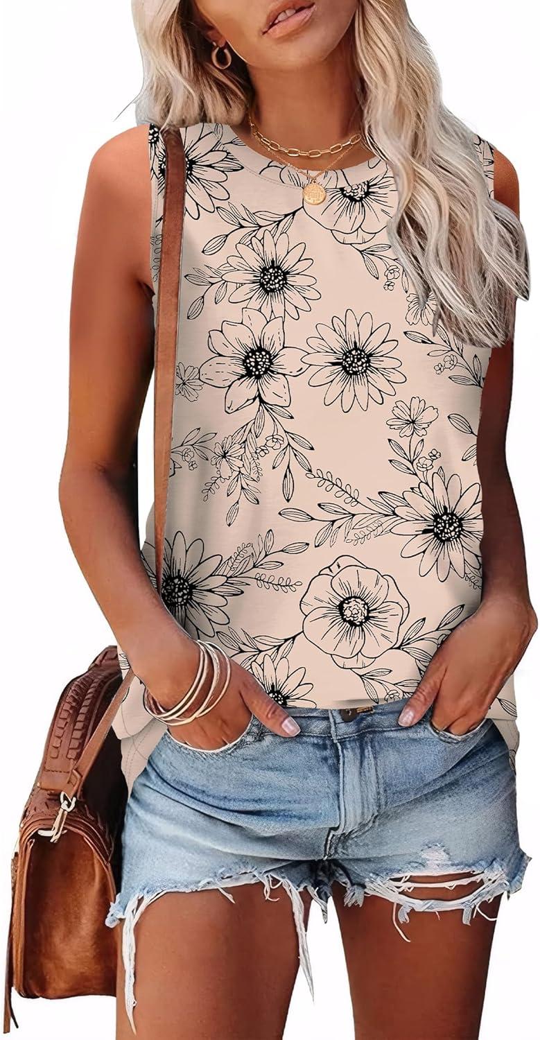 imageSAMPEEL Womens Tank Tops Eyelet Loose Casual Summer Tops Crew Neck Basic Sleeveless Shirts Trendy 2025Printbeige