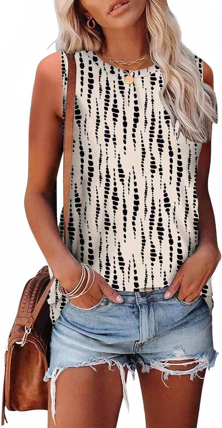 imageSAMPEEL Womens Tank Tops Eyelet Loose Casual Summer Tops Crew Neck Basic Sleeveless Shirts Trendy 2025Printblack Dots