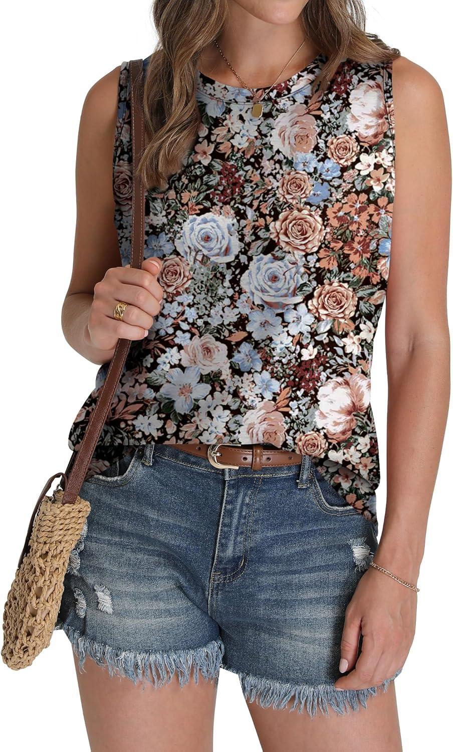 imageSAMPEEL Womens Tank Tops Eyelet Loose Casual Summer Tops Crew Neck Basic Sleeveless Shirts Trendy 2025Printblack Floral