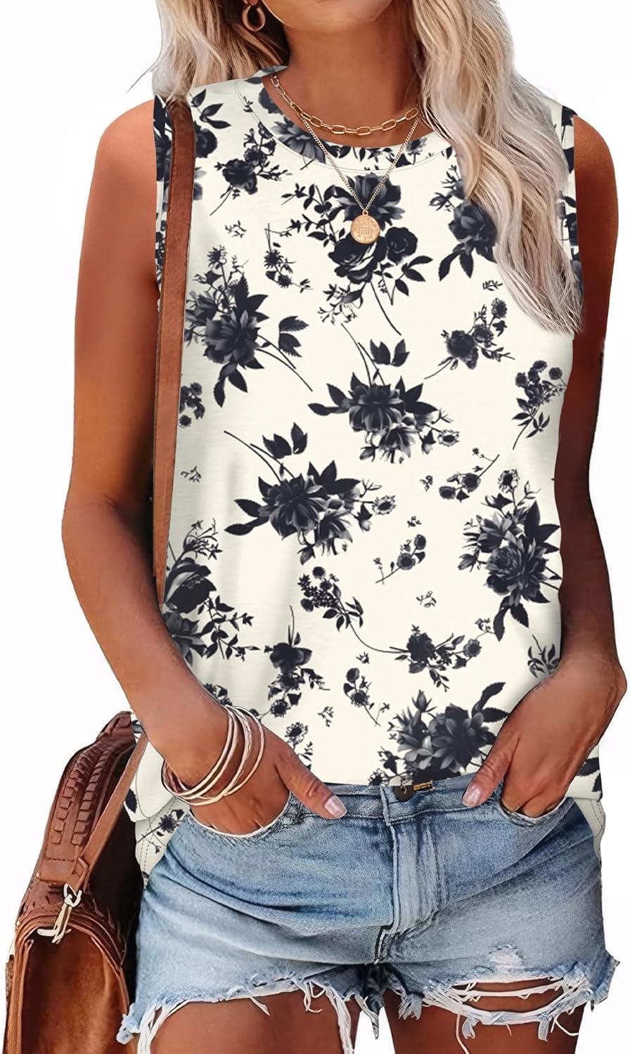 imageSAMPEEL Womens Tank Tops Eyelet Loose Casual Summer Tops Crew Neck Basic Sleeveless Shirts Trendy 2025Printblack Flower