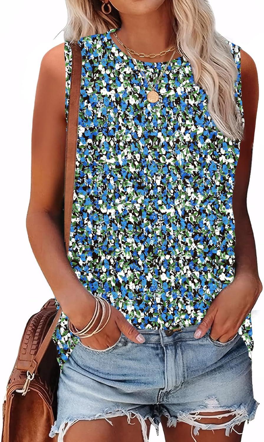 imageSAMPEEL Womens Tank Tops Eyelet Loose Casual Summer Tops Crew Neck Basic Sleeveless Shirts Trendy 2025Printblue
