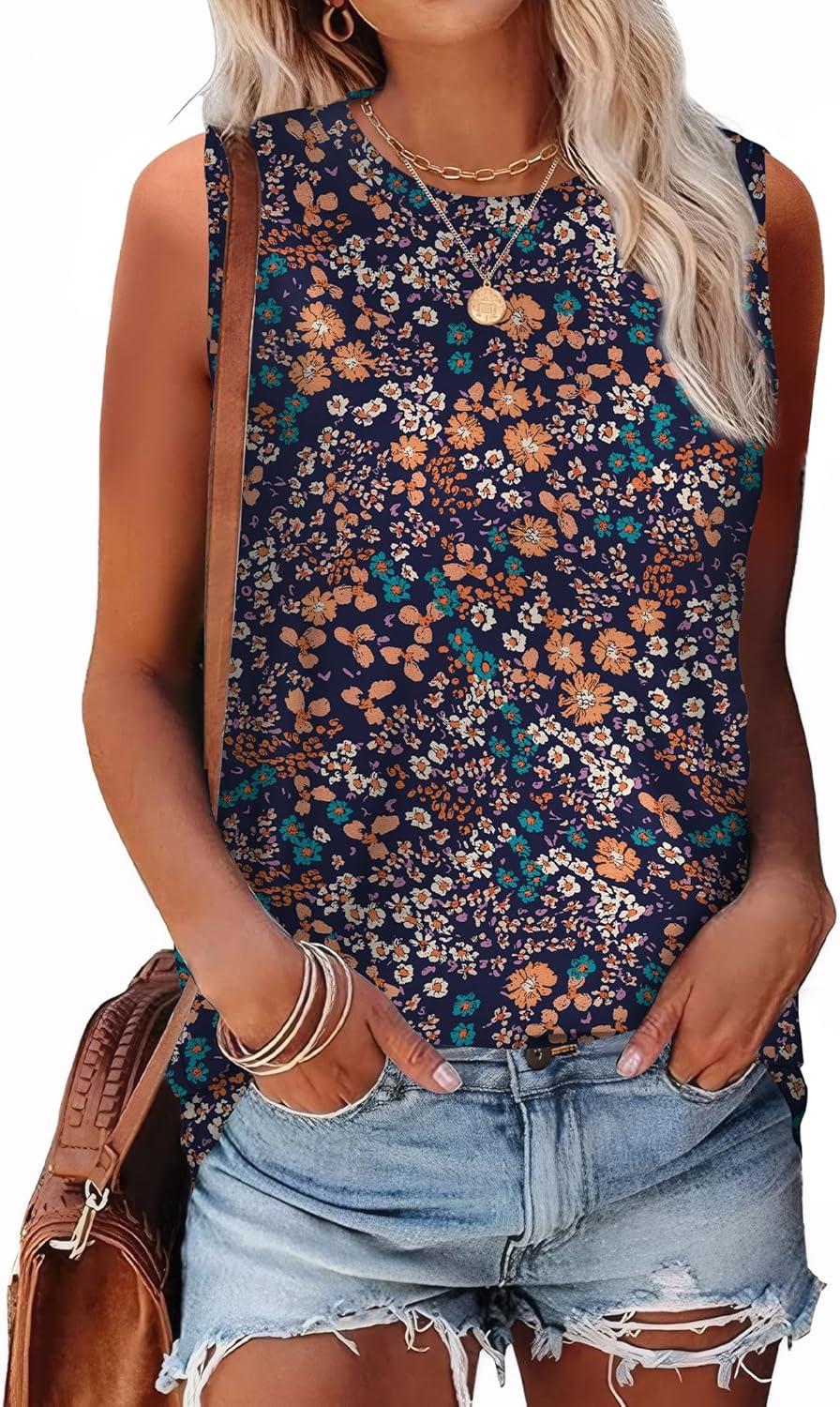 imageSAMPEEL Womens Tank Tops Eyelet Loose Casual Summer Tops Crew Neck Basic Sleeveless Shirts Trendy 2025Printblue Floral