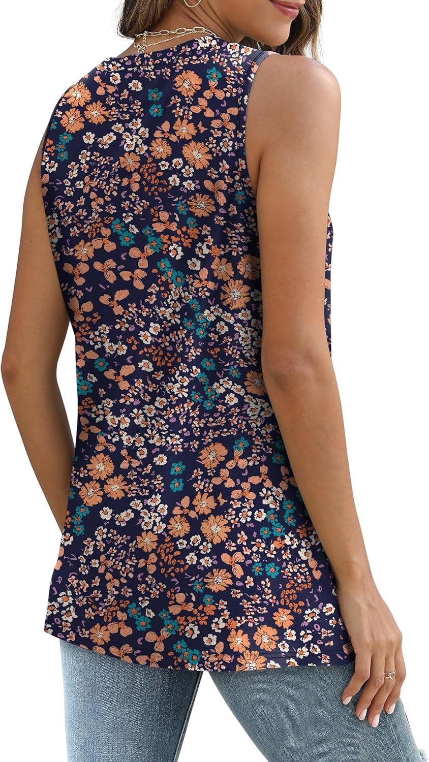 imageSAMPEEL Womens Tank Tops Eyelet Loose Casual Summer Tops Crew Neck Basic Sleeveless Shirts Trendy 2025Printblue Floral
