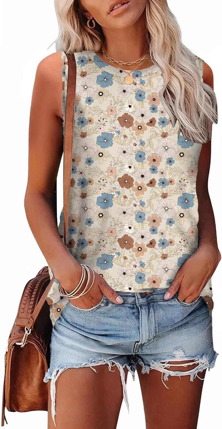 imageSAMPEEL Womens Tank Tops Eyelet Loose Casual Summer Tops Crew Neck Basic Sleeveless Shirts Trendy 2025Printblue Flower